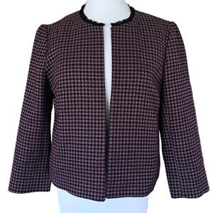 LOFT Burgundy Black Houndstooth Crop Blazer Jacket Size Small